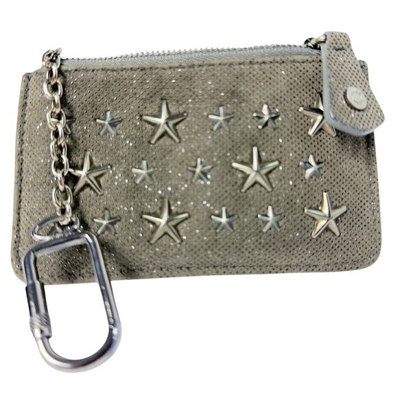 Jimmy Choo Silver Star Studded Coin Purse Wallet with Carabiner Clip Keychain - Picture 1 of 4